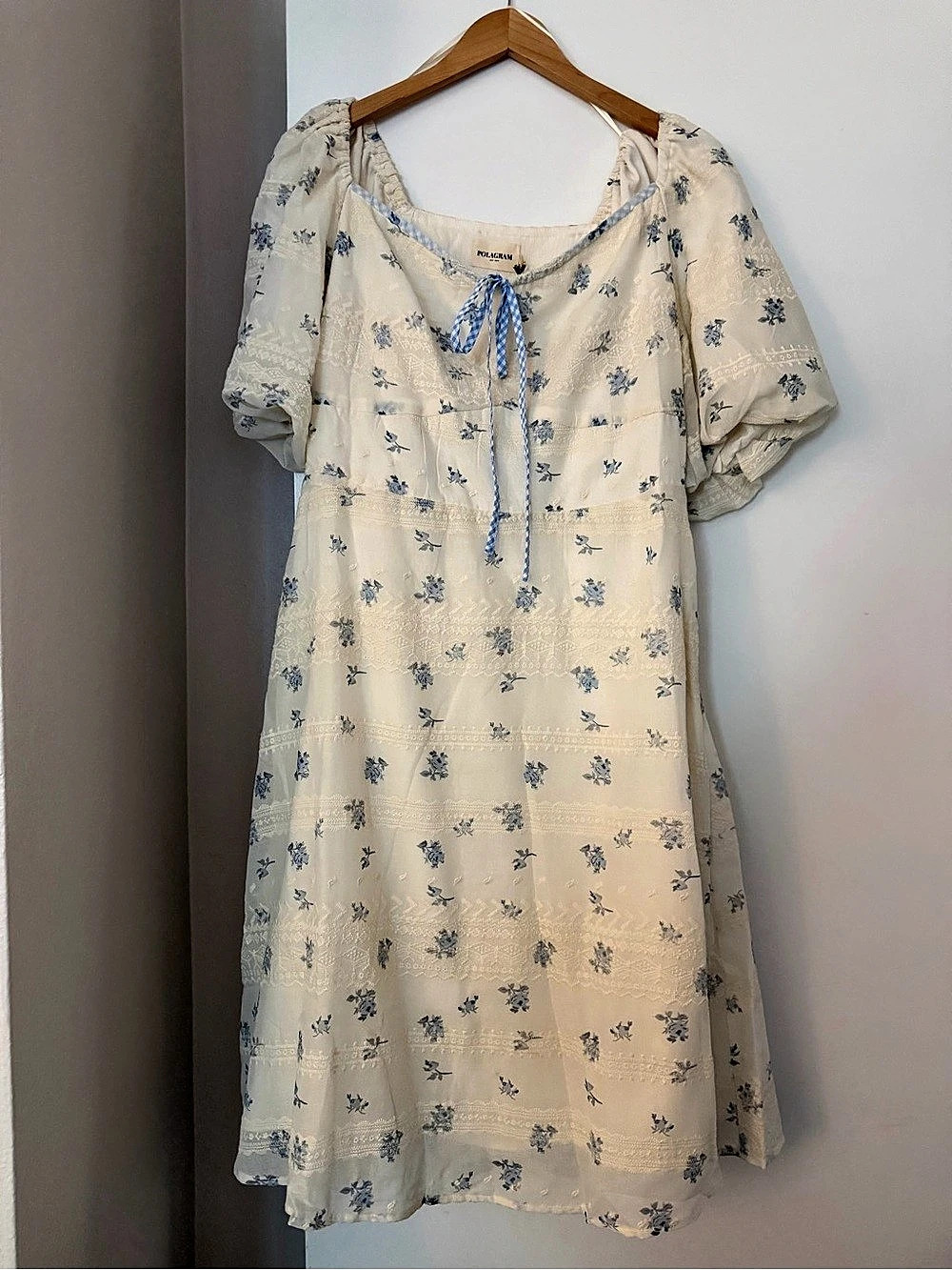 POLAGRAM Floral Knee Length Dress in Cream & Blue Size XL NWT